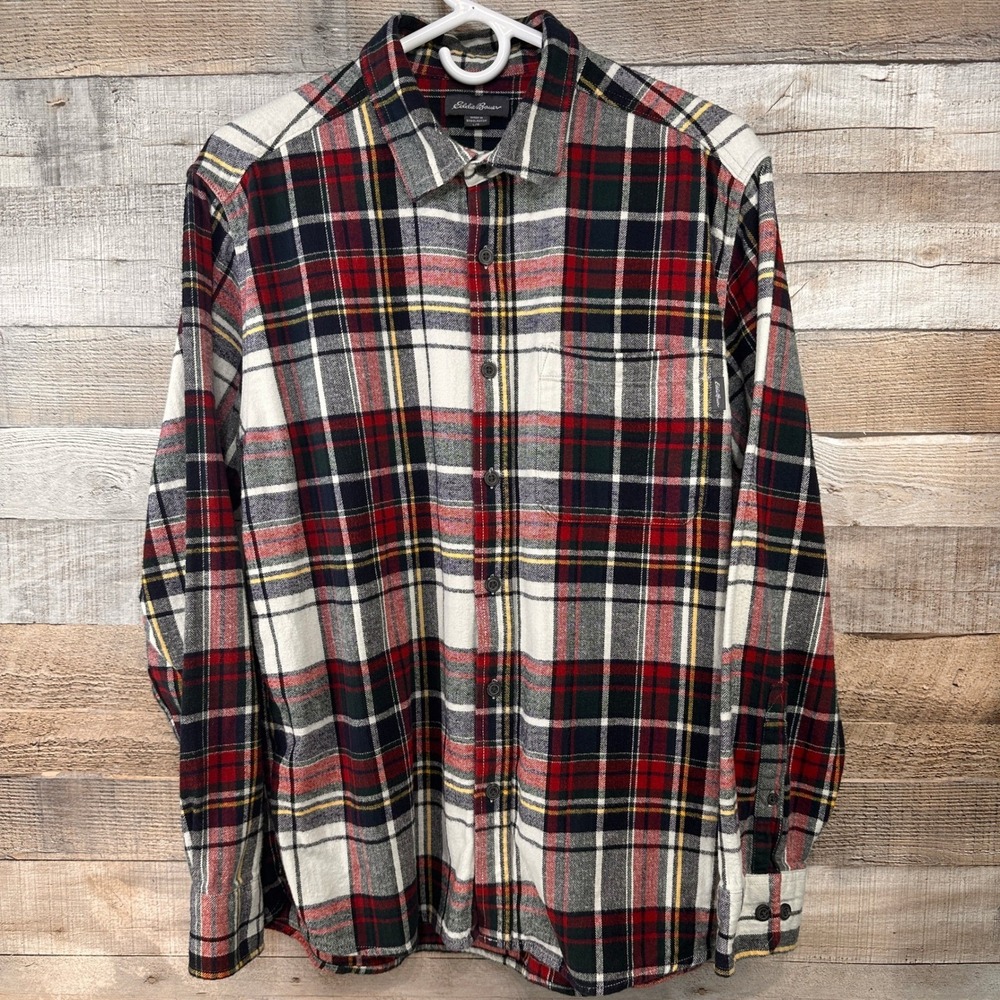 Eddie Bauer Mens Plaid Flannel Shirt Red White Green Herringbone Cotton Large